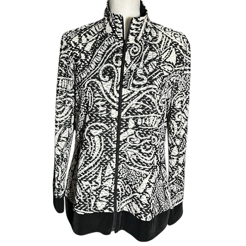 CHICO'S Jacket sz 1 (8/10) Black White Abstract Print Pockets Sporty Lightweight - Picture 2 of 9